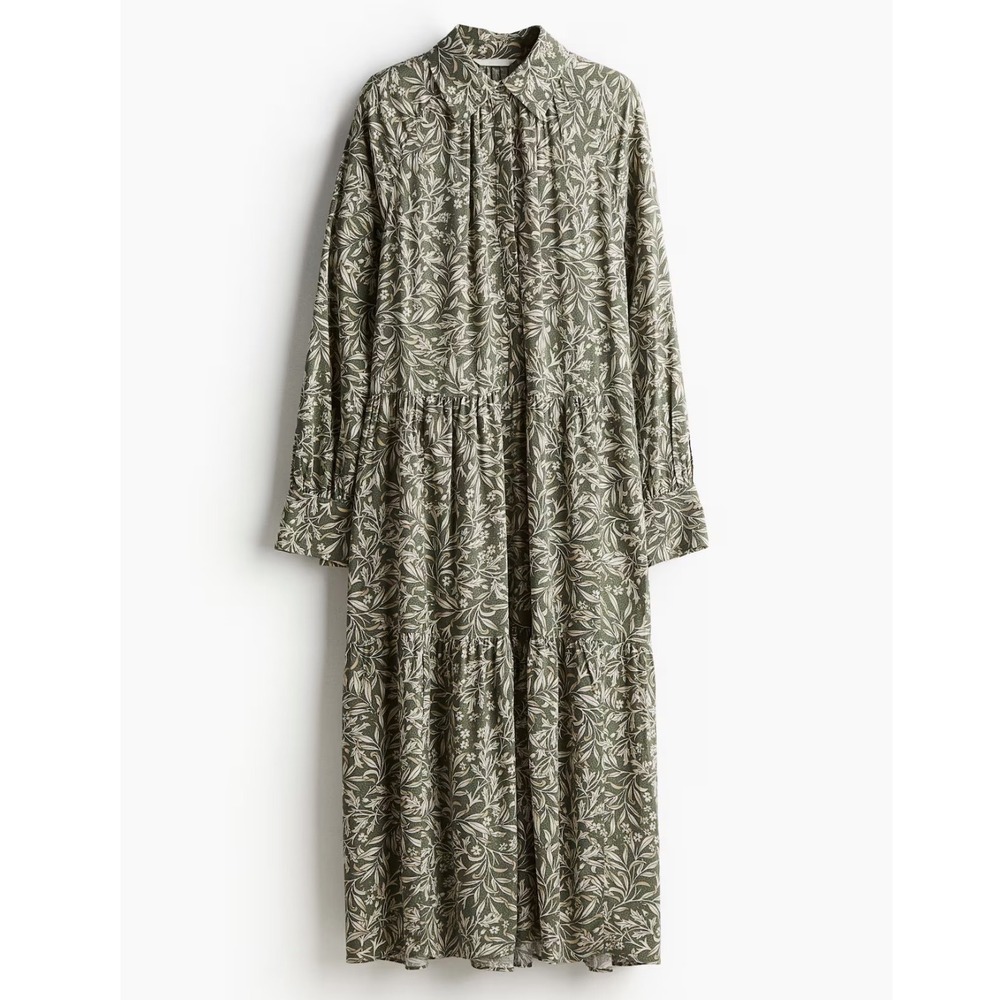 H&M Women Green Floral Tiered Midi Shirt Dress L Long Sleeve Tiered Viscose
